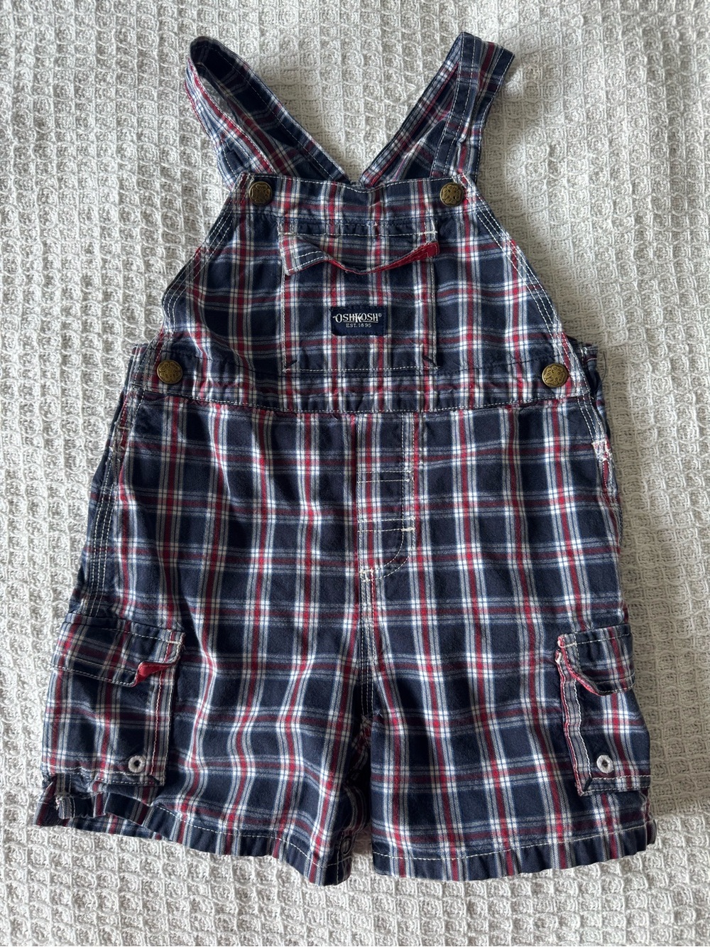 OshKosh B'gosh Navy and Red Plaid Short Overalls